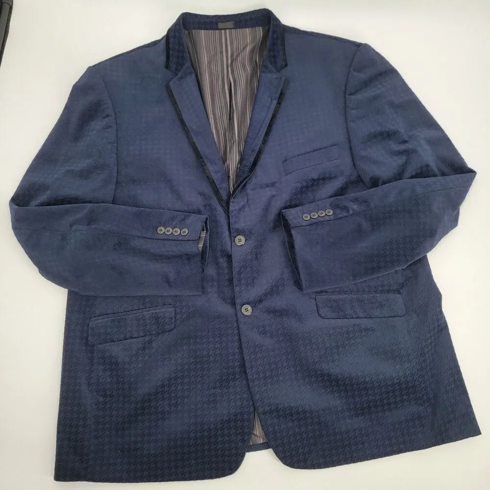 Stacy Adams Mens 4X Blue Houndstooth Dinner Jacket Black Velvet Trim Blazer